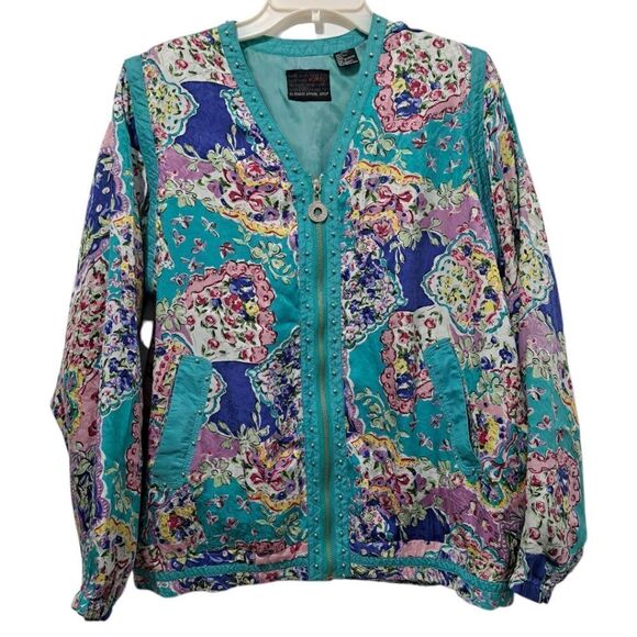 Vintage Mureli Floral Print Silk Studded Zip-Up Oversized Lightweight Jacket Sm - Picture 1 of 17